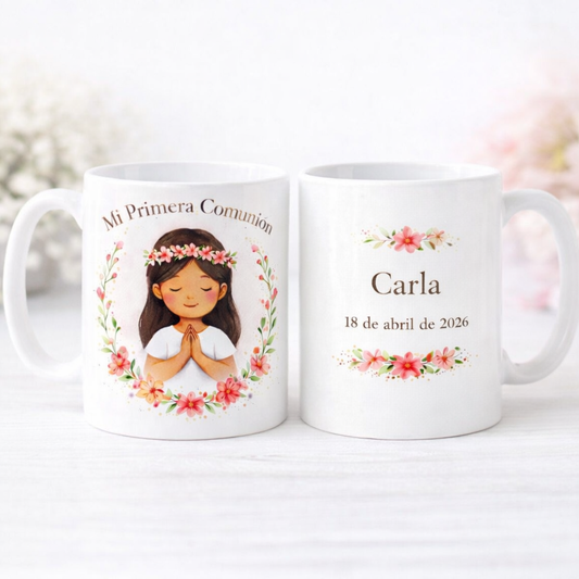 Taza personalizada Primera Comunión – floral niña