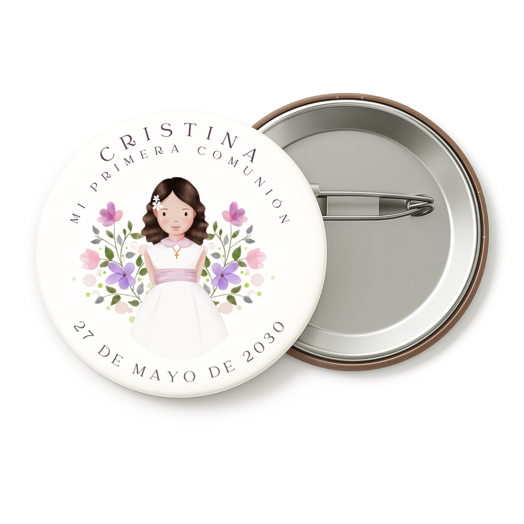 Chapas para comuniones contexto y dibujo de niña bautizos gordas regalos celebraciones detalles