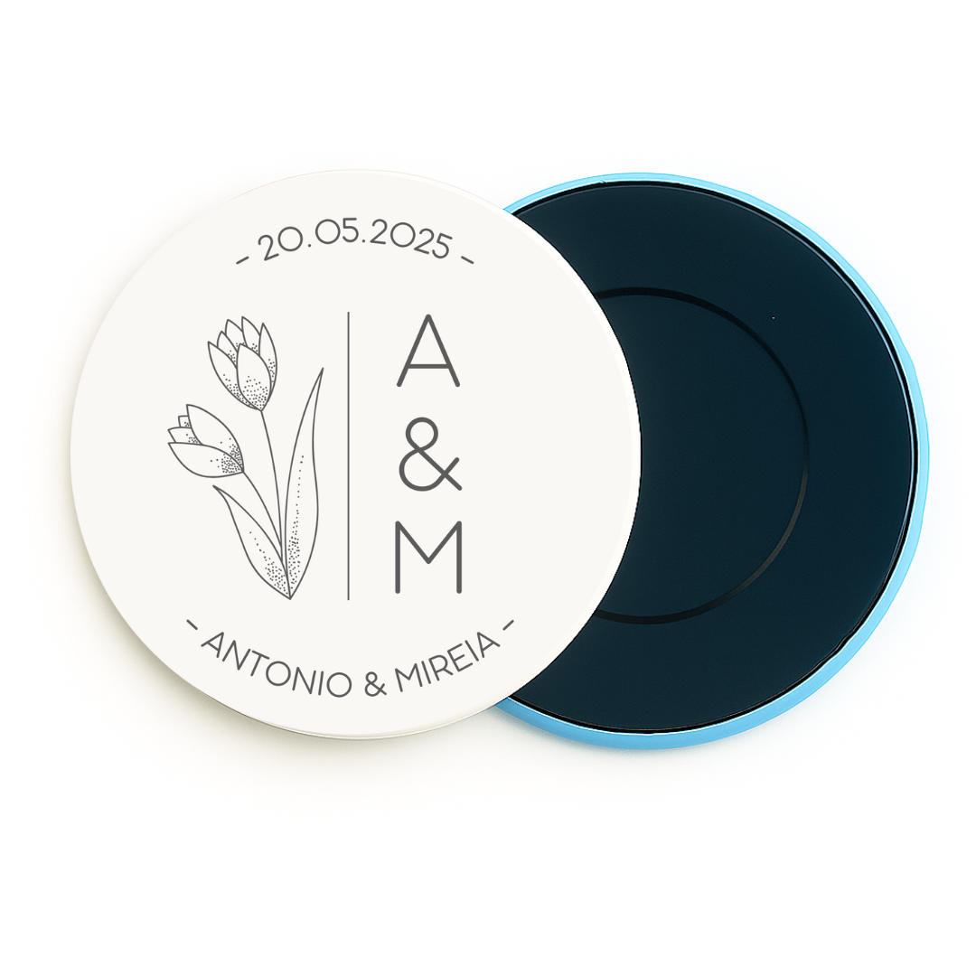 Imán redondo personalizado para boda con iniciales y flores detalles regalos eventos