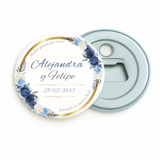 Imán abrebotellas con flores y texto para bodas comuniones bautizos regalos detalles neveras frigorífico caja de regalos