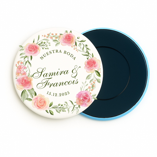 Imanes personalizados con Rosa y texto para bodas eventos detalles celebraciones frigorífico