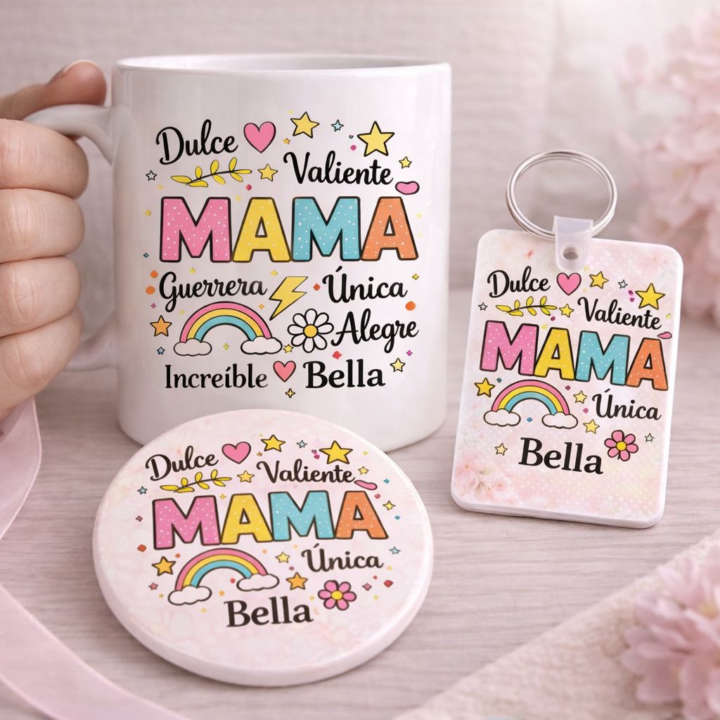 Pack de regalo para el Día de la Madre que incluye una taza personalizada, una tarjeta con imagen decorativa y un llavero a juego.