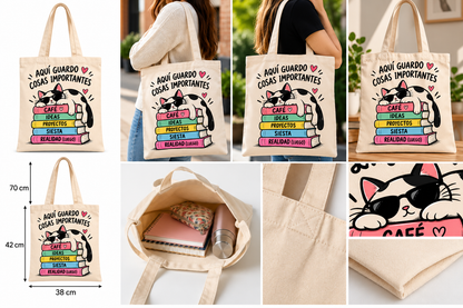 Bolsa de Algodón Beige con Gato y Frase Divertida