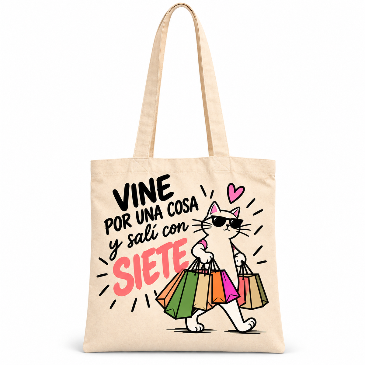 Bolsa  Beige con Gato y Frase Divertida «Vine por una Cosa y Salí con Siete»
