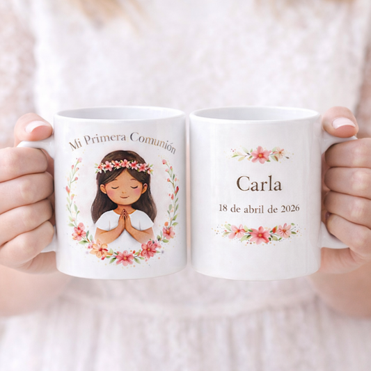 Taza personalizada Primera Comunión – floral niña