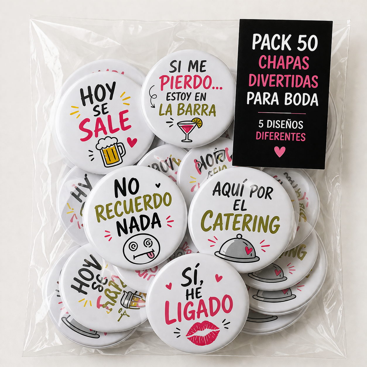 Pack 50 Chapas Divertidas Boda – 5 Diseños para Invitados