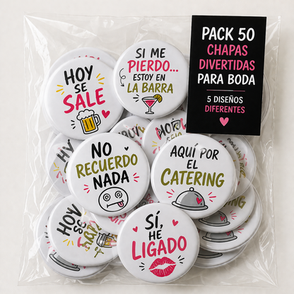 Pack 50 Chapas Divertidas Boda – 5 Diseños para Invitados