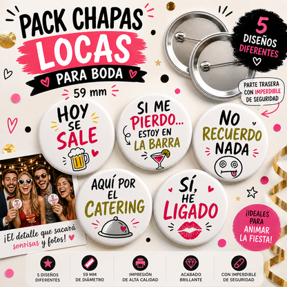 Pack 50 Chapas Divertidas Boda – 5 Diseños para Invitados