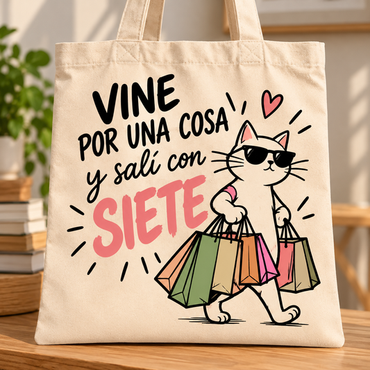 Bolsa  Beige con Gato y Frase Divertida «Vine por una Cosa y Salí con Siete»