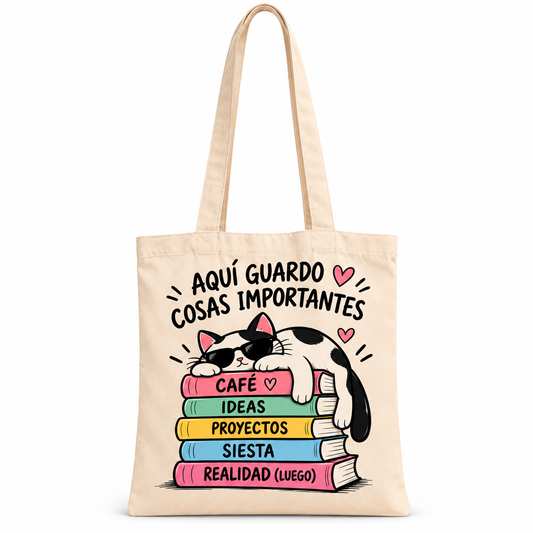 Bolsa de Algodón Beige con Gato y Frase Divertida